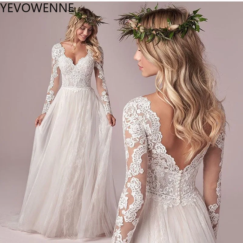 Sexy Lace Wedding Dress for Women V Neck Backless Marriage Dress for Brides Tulle Long Sleeves Garden Wedding Dress