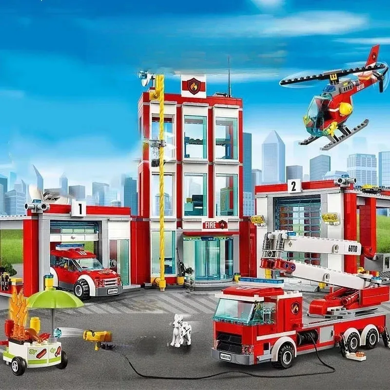 مجموعات متوافقة مع سلم إطفاء من سلسلة المدينة شاحنة هليكوبتر مرآب محطة إطفاء لعبة مكعبات نموذج إبداعي هدايا للأطفال 60110
