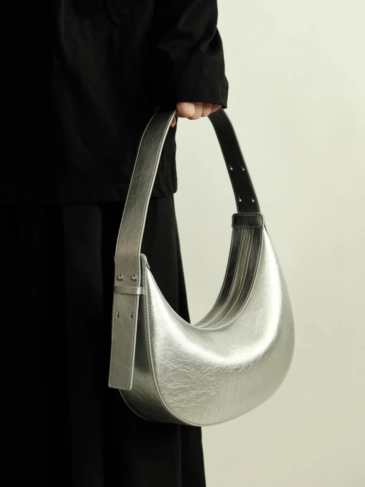 Silver Fashion Retro Tote Bag Genuine Leather Women Moon Bag\\Handbag Real Leather Female Shoulder Underarm Bag New