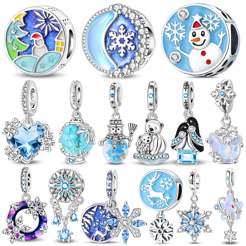 Winter Snowflake Snowman Polar Bear Charm Beads Xmas Pendant Charms Fits 3mm Bracelet Necklace For Women Luxury DIY Fine Jewelry