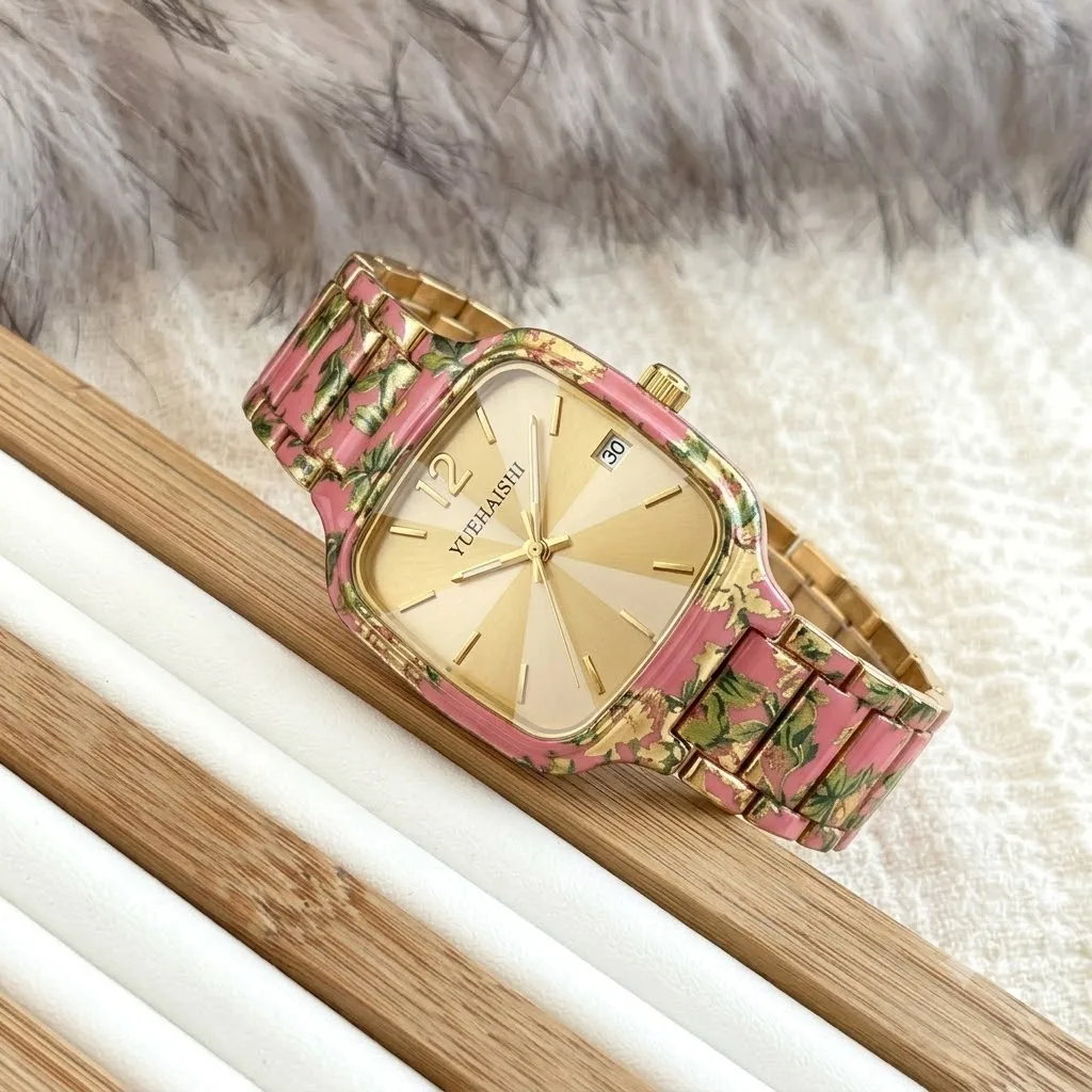 Womens Square Leopard Print Calendar Watch Multi Section Spliced Strap Trendy Individual Style