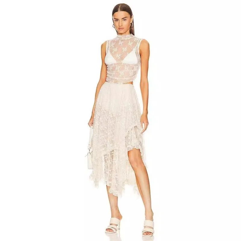 

Y2k Women Lace Cake Skirt Sweet Asymmetrical High-Waisted A-Line Skirt Long Skirts Kawaii Boho Beach Vacation Streetwear