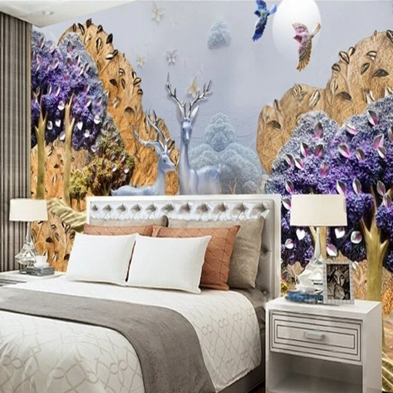 Beautiful 3D relief deer forest living room decoration TV luxurious home decoration office study background wall painting