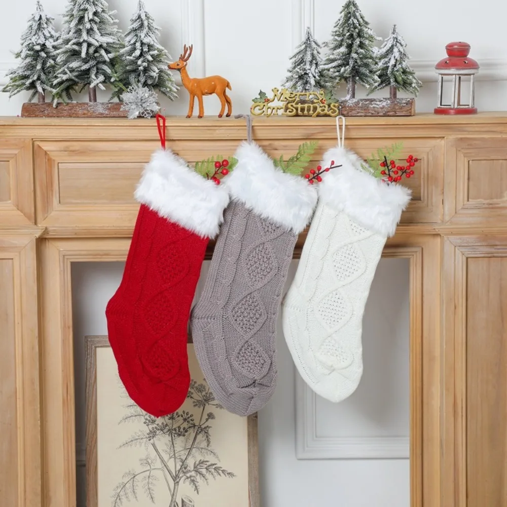 With Fluff Knitted Christmas Stocking Large Size 18 Inches Christmas Gift Bag Solid Color Christmas Tree Ornaments Fireplace