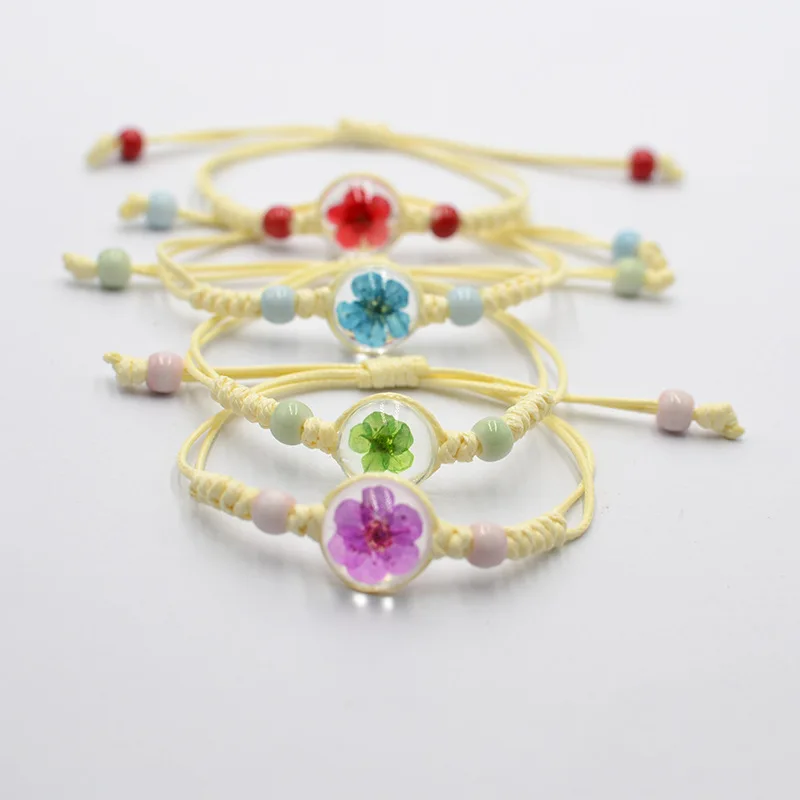 Fashion Glass Beads Dried Flowers Bracelets for Girls' Sakura Narcissus Ceramic Gift Simple Handmade Weave Jewelry Accessories