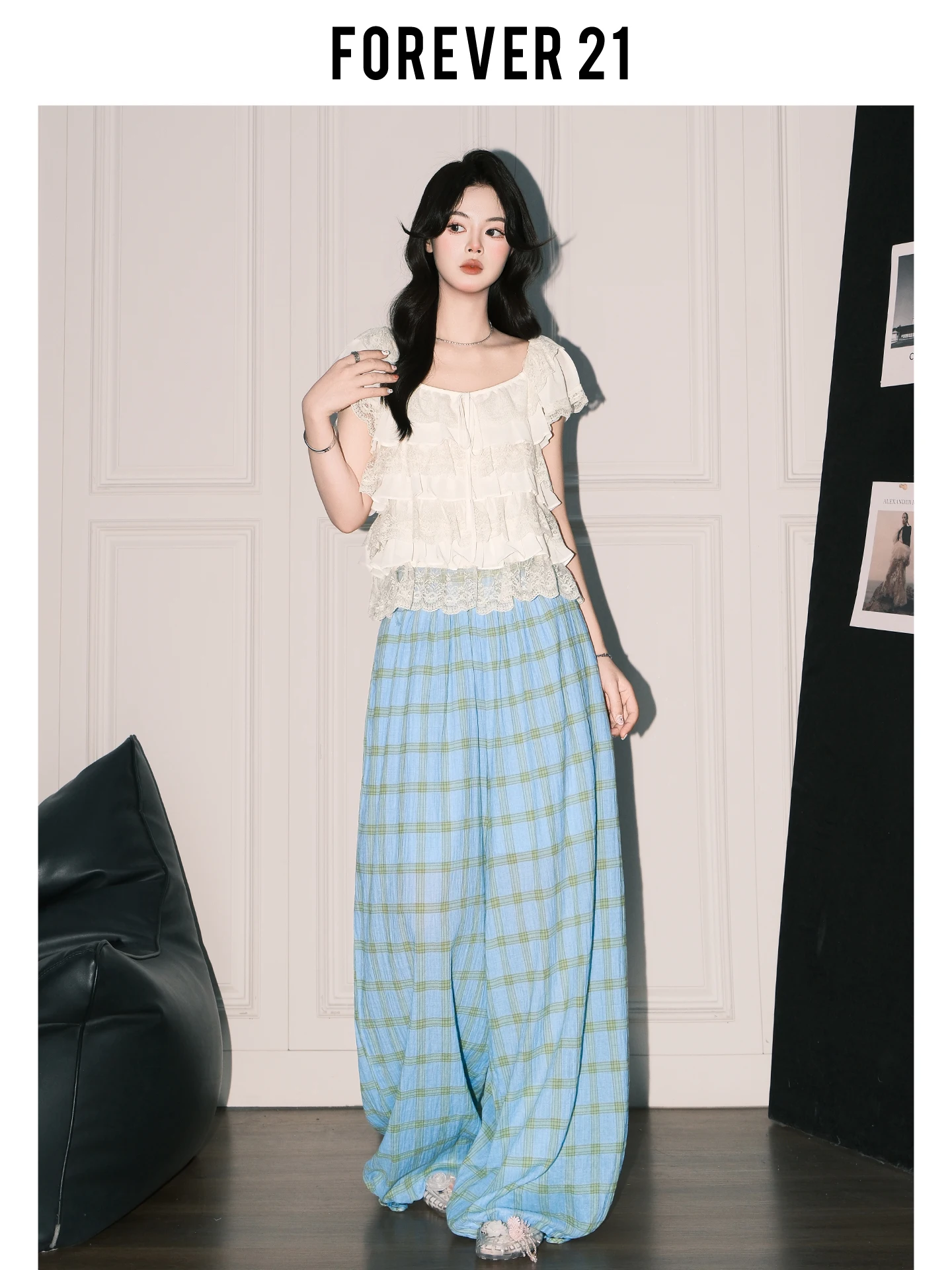 Forever 21 Pantalones casuales de pierna ancha a cuadros azules estilo coreano para mujer, pantalones largos holgados de cintura alta con vuelo para verano