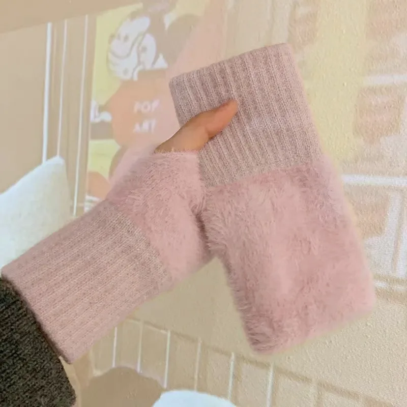 New Solid Color Plush Gloves Women In Autumn And Winter Warm Luxury Woolen Knitted Touch Screen Open Finger Half Finger Gloves