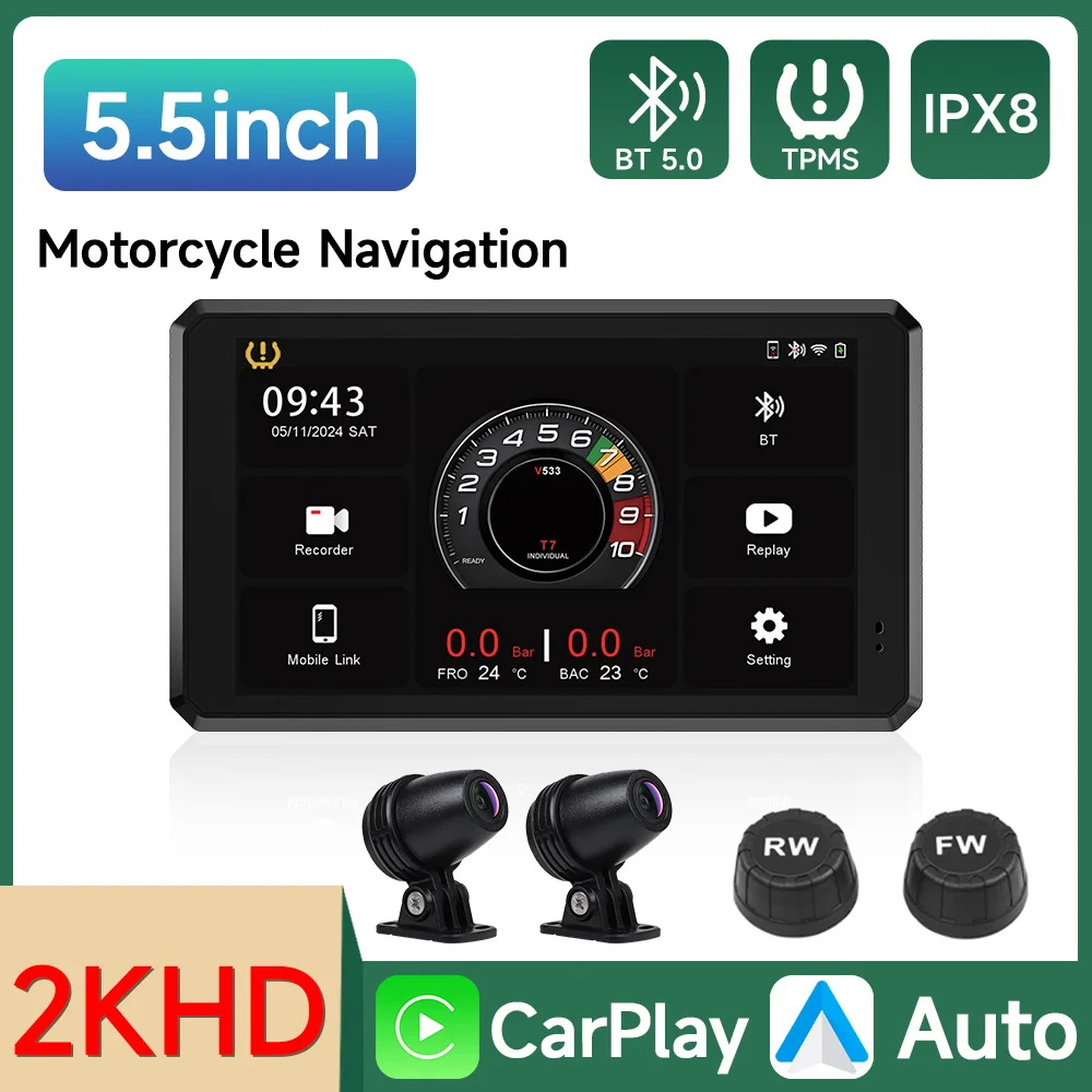 

5.5'' Motorcycle Multimedia Player 2K HD Recorder GPS Navigation Wireless CarPlay Android Auto IPX8 Waterproof Screen Bluetooth