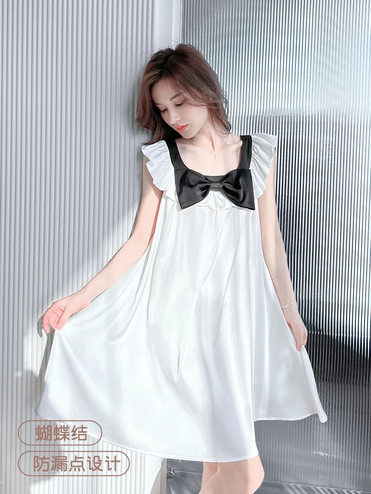 Summer New Ice Silk Sexy Large Size Elegant Lace Sweet Bow Home Wear Girls Square Collar A-line Ruffles Suspender NightDress