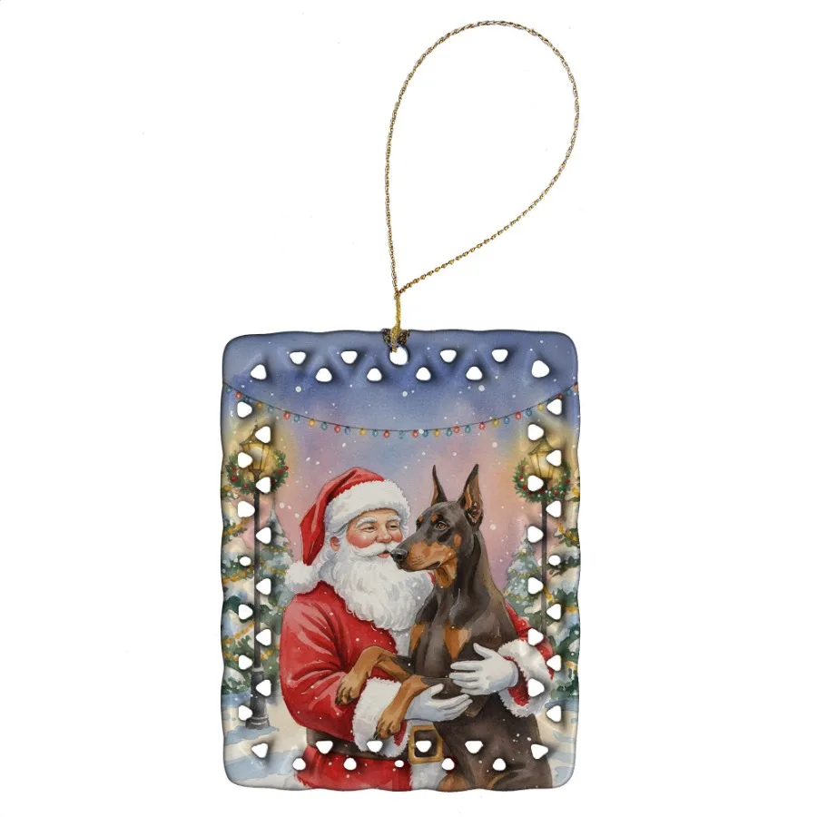 

Fawn Doberman Pinscher with Santa Claus Porcelain Ornament Christmas Tree Hanging Decorations for Home Christmas Holiday Rectan