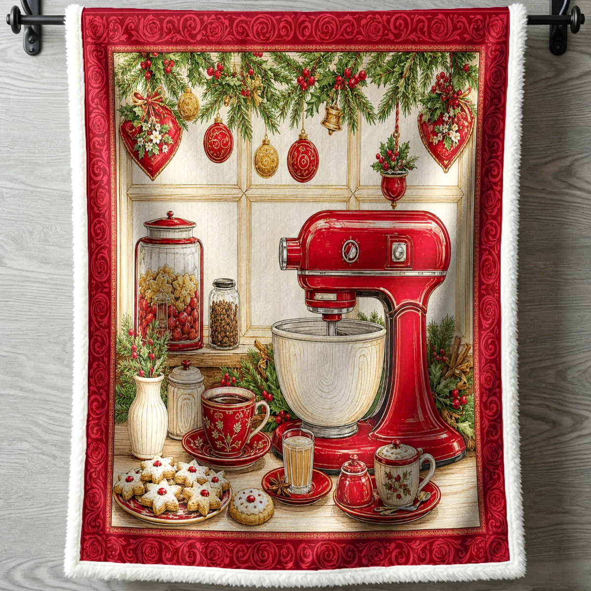 Christmas Vintage Sherpa Throw Blanket Warm Kitchen Baking Cookies Bookshelf Deer Patchwork Sofa Bedroom Decor Xmas Holiday Gift