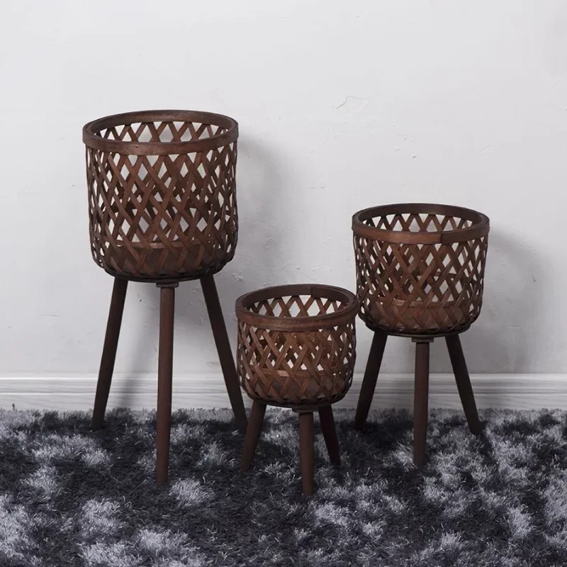 S/M/L Wood Woven Plant Pot With Standing Legs Household Planter Basket Floor-Standing Flower Pot Stand Weaving Storage Basket