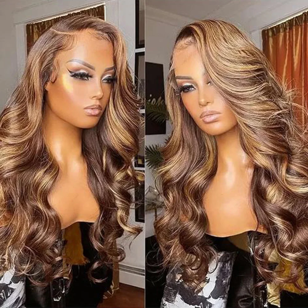 

Highlight Wig Human Hair Body Wave Lace Frontal Wigs Colored 13x4 Lace Frontal Wig P4/27 Ombre Honey Blond Lace Front Human Hair