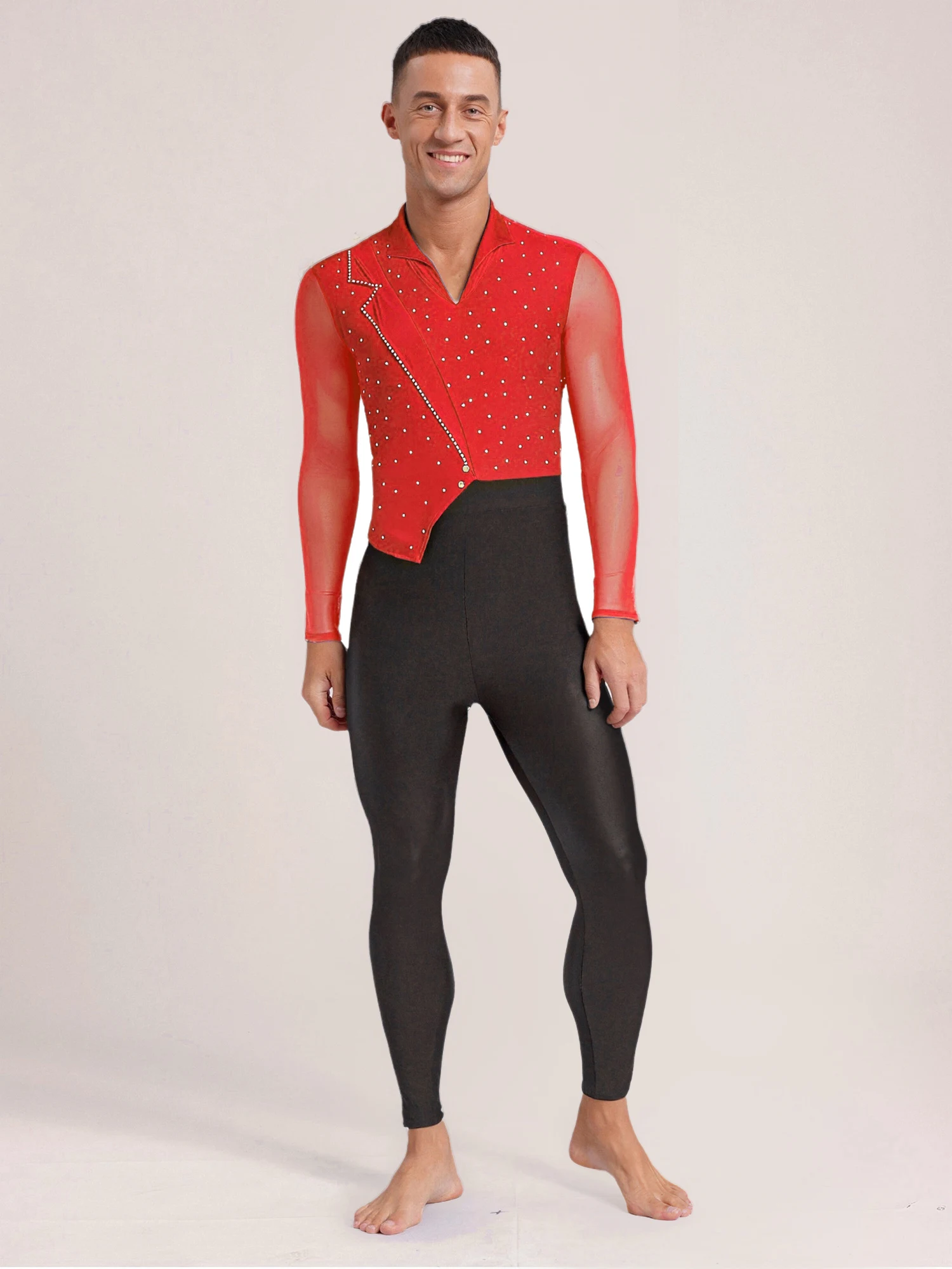 Mens's Acrobatics Leotards Performance Costume Male Dance Artistic Skating Tight Mesh Gymnastics Jumpsuit Latin Dance Bodysuit