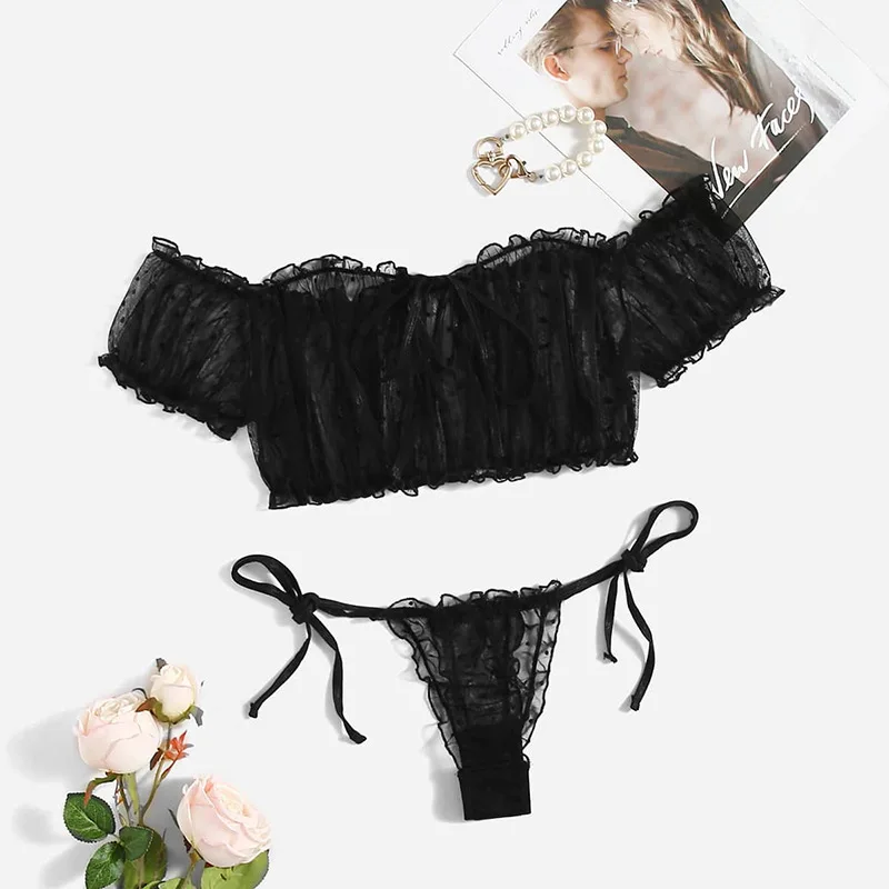 Lingerie sexy en maille transparente pour femmes, sous-vêtements bandage, culotte creuse à poitrine ronde, ensemble soutien-gorge et string, vêtements de nuit porno, 2 pièces