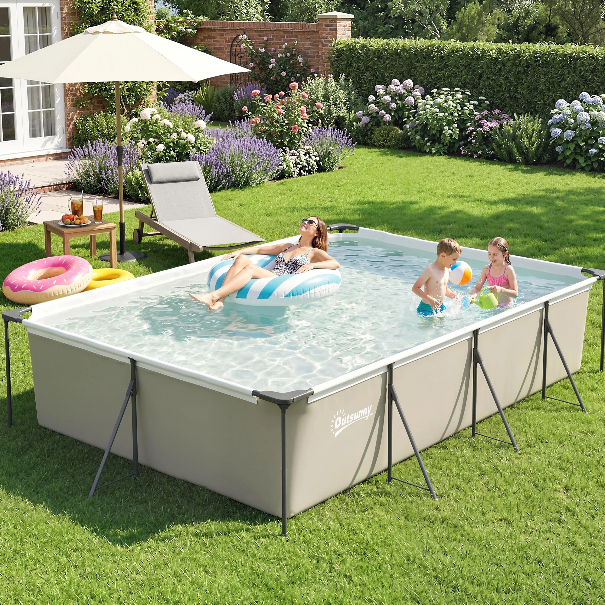 Outsunny Piscina Desmontable Tubular 394,5x208,3x80,5 cm 6075 L, Piscina Rectangular con Marco Metálico Estable, Parche Reparación, Bomba Filtro No Incluida para 4-6 Personas, Jardín, Exterior, Gris