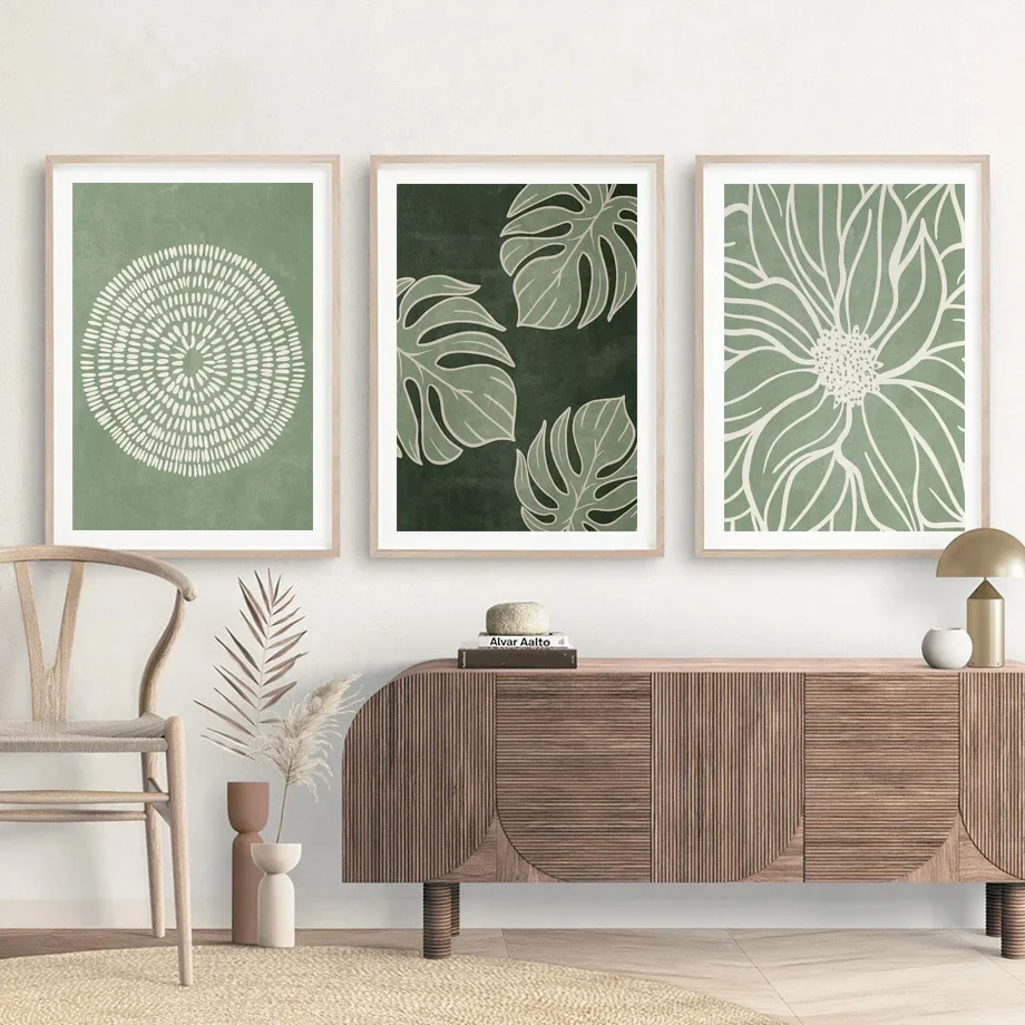 (No frame)Pósteres abstractos bohemios Monstera con hojas de arcoíris y sol, lienzo impreso minimalista, pintura artística de