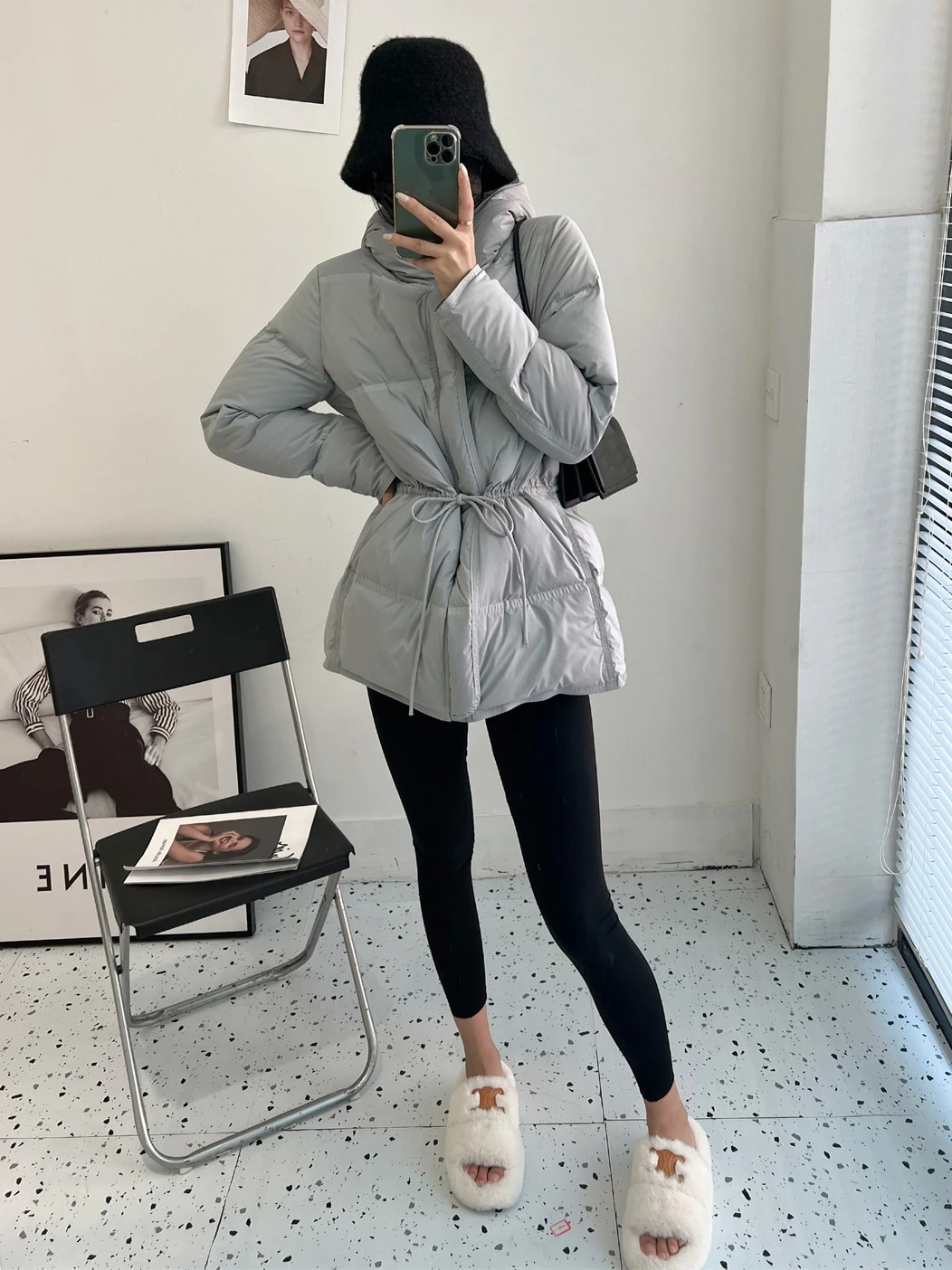 معطف نسائي من Ele بقلنسوة من Jaet عالي الجودة دافئ من Thiened Personali جميل بخصر 90 معطف أبيض من الريش