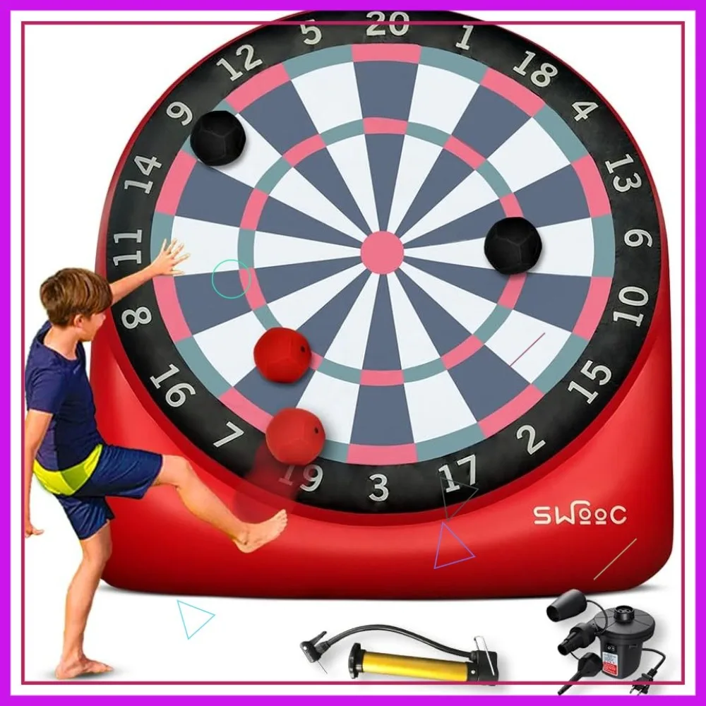 

Inflatable Giant Kick Darts Set - 6ft Soccer Dartboard with Pump, Balls, Stakes, Score Card - Outdoor Yard Game