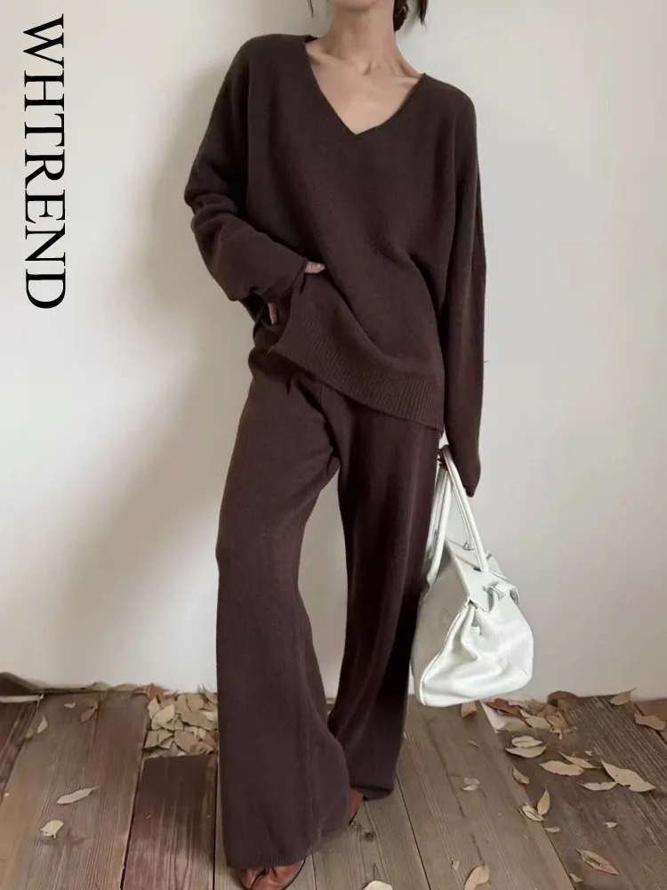 

WHTREND Свободный вязаный свитер большого размера с v-образным вырезом + прямые брюки, комплект из двух предметов для женщин, новинка 202, осень-зима WH1649