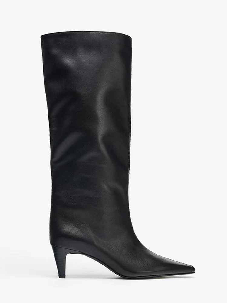 

Fall Winter Pointed Toe Thi Heel Straight Leg Knee High Boots Women's Large Calf Wrap Faion Knight Boots Retro Sle