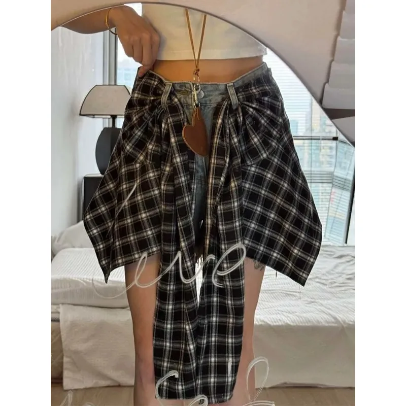 

Женские джинсовые шорты-трансформеры в клетку с высокой талией и необработанным краем, повседневные, два в одном