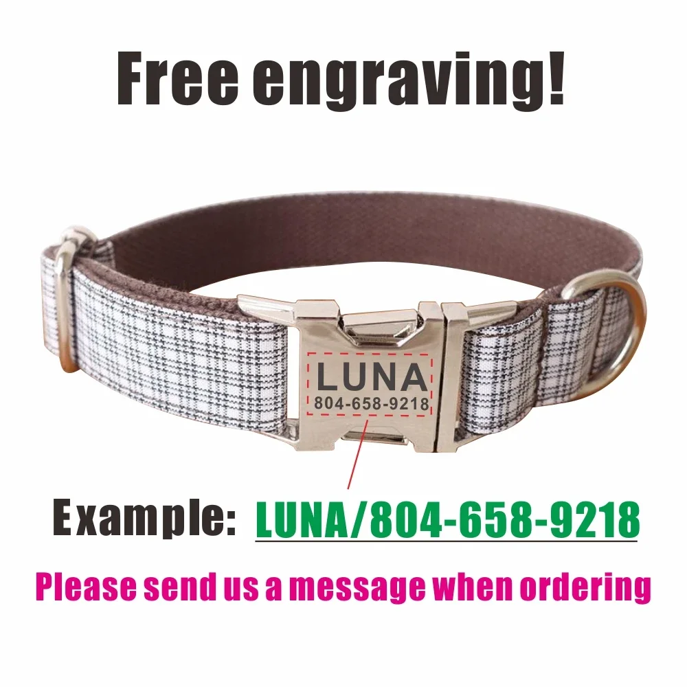 Personalized Dog Collar with Free Engraving, Matching Pet Leash,Customzied Contacts Metal Buckle,Brown White Plaid Pet Collar