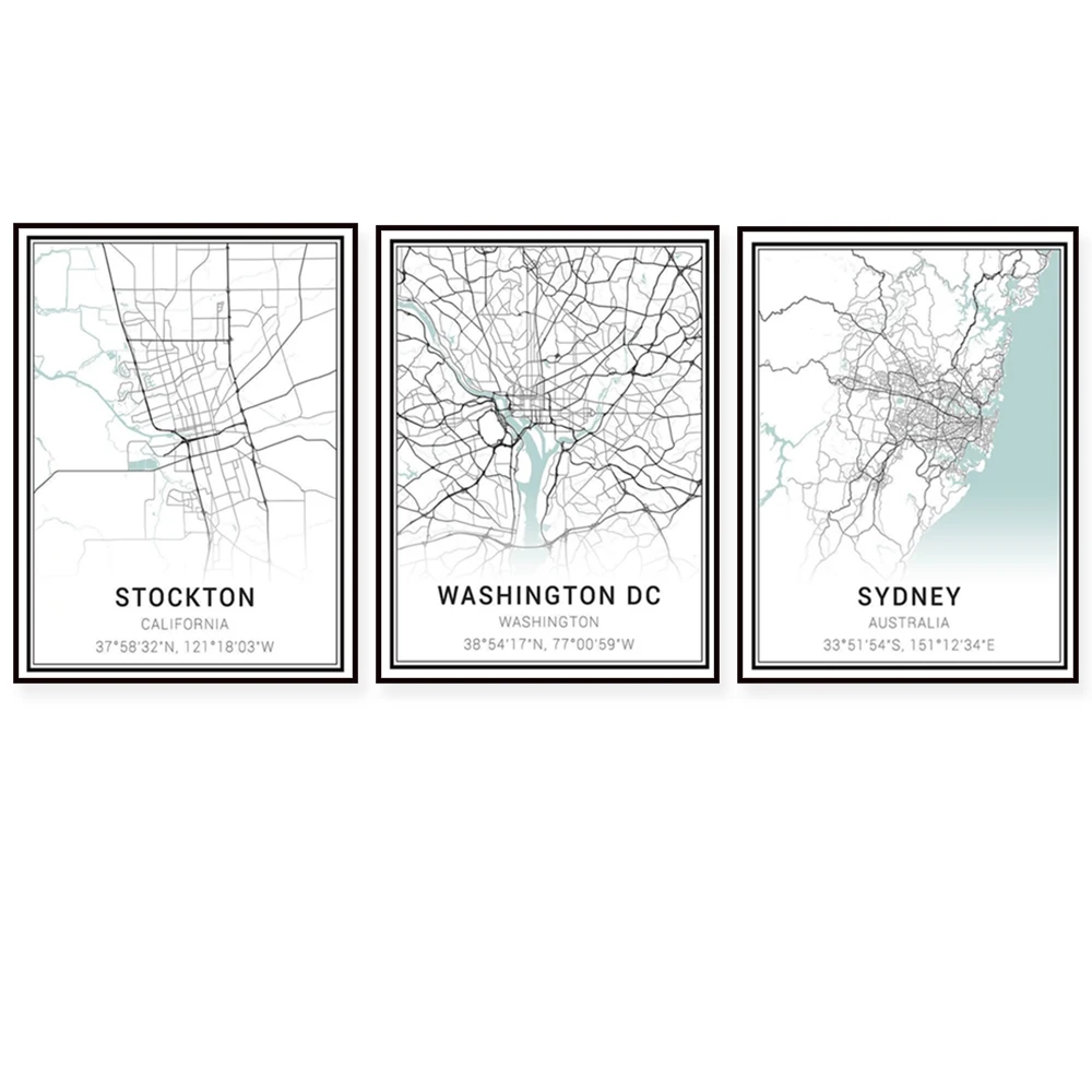 Oslo, Norway, Plano, Prague, Rotterdam, Stockholm, Stockton, Stuttgart, Zurich, Wichita, Washington, Perth, Sydney map poster