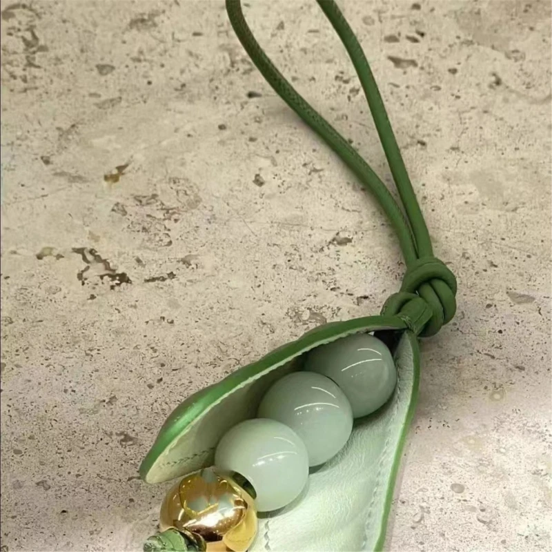 Creative Fashion Handmade Pea Pendant Keychain Bag Charms Funny Green Glass Beaded Peas PU Leather Key Rope for Women Girls Gift