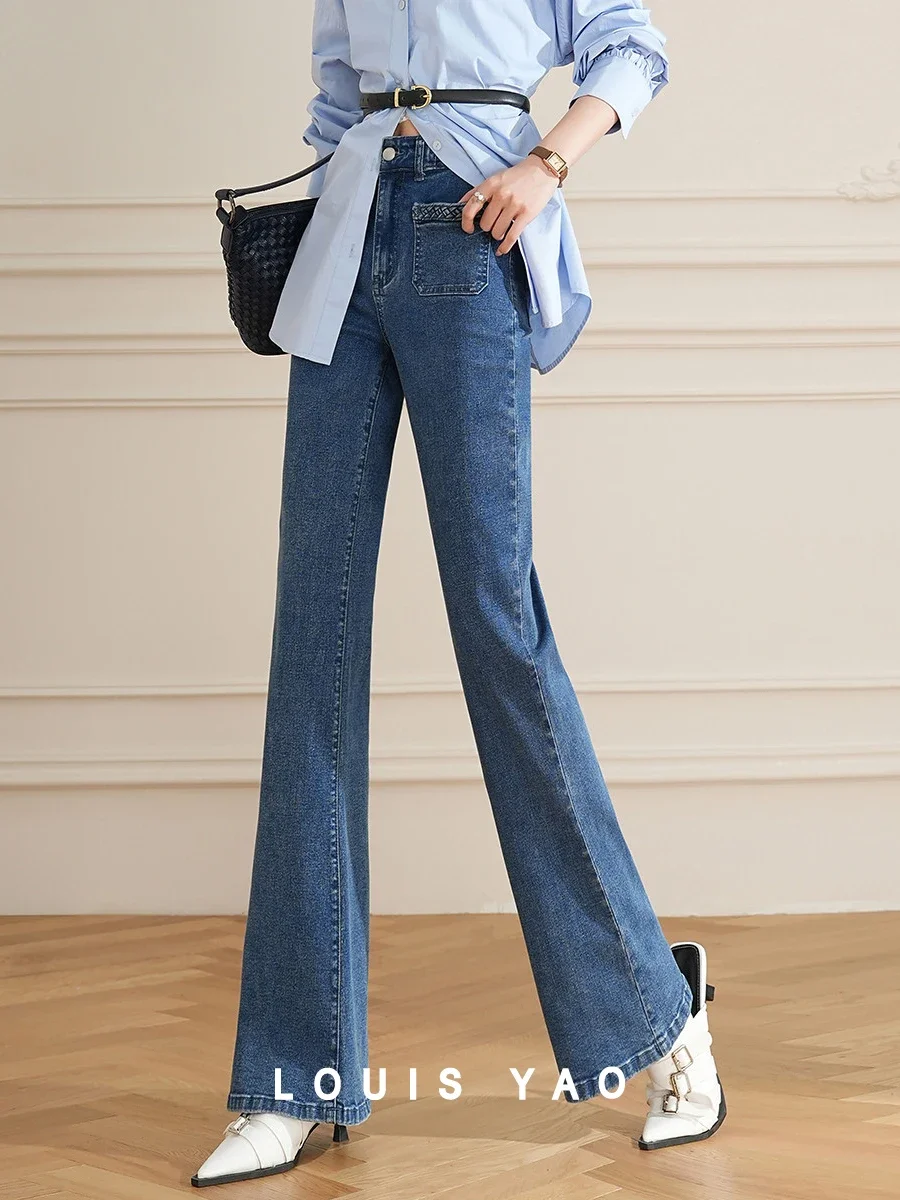 LOUIS YAO Jeans Wanita Mid-Rise Sedikit Menyala 2025 Celana Kasual Musim Gugur dan Musim Dingin Celana Jeans Pinggang Tinggi