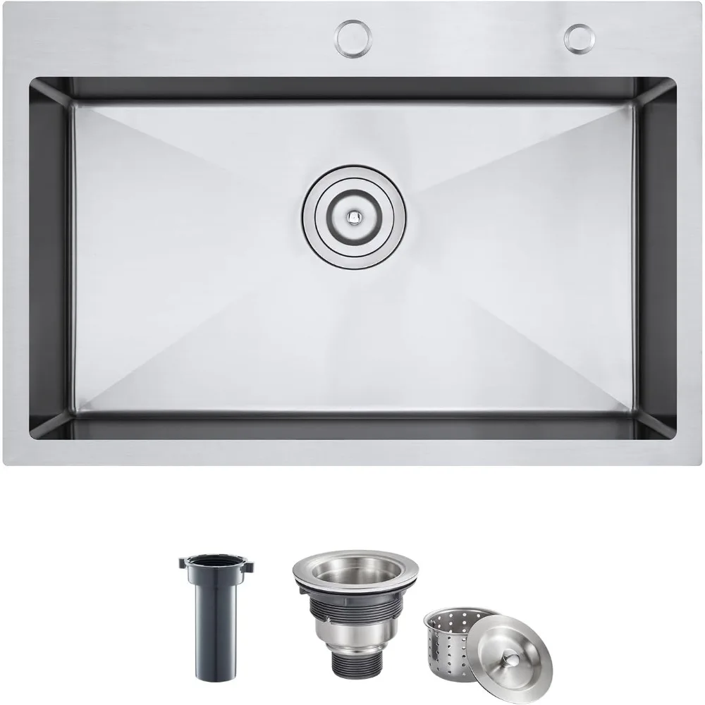 

27-дюймовая кухонная мойка из нержавеющей стали с одной чашей, матовой отделкой и двумя отверстиями для смесителя