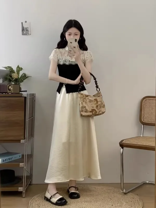 Elegant Short Sleeve T-Shirt Women's Lace Patchwork Stand Collar Chinese New Style Summer New Age Reduction Top