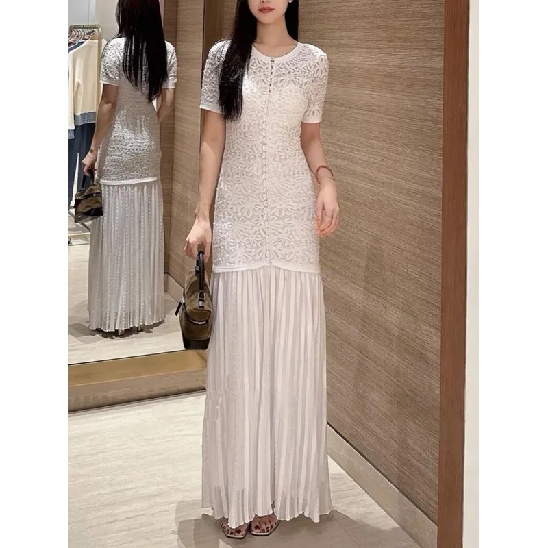 Women 2 Piece Dress Set Pearl Beaded Short Sleeve V-neck Pleated Maxi Dress Elegant Hollow Texture Outer Dress With Sling Liner