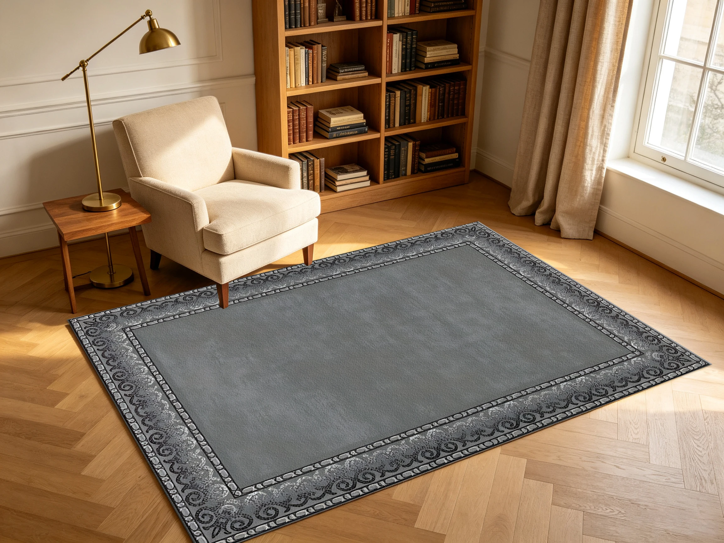 Simple Grey Bordered Carpet Flooring, Solid Tone Classic Frame Area Rug for Office Living Room Home Styling