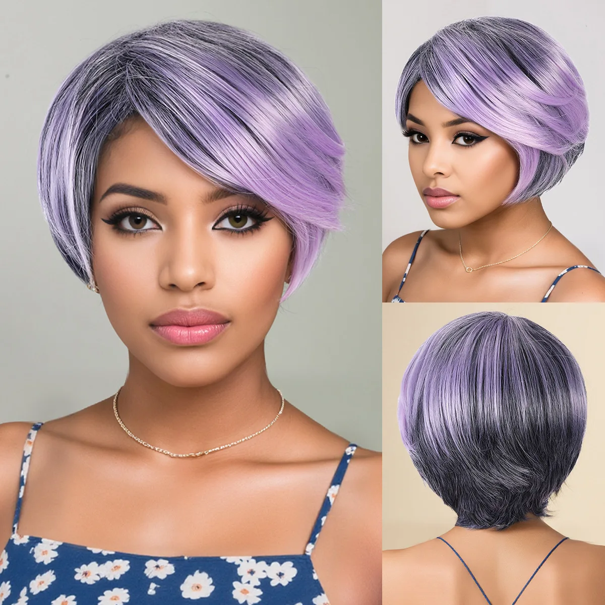 Wig, European and American new short hair, purple hair cover, slanted bangs, short hair for daily use