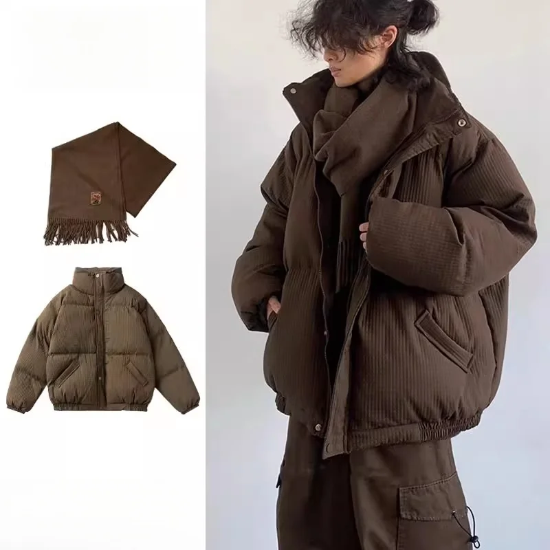 

Loose Fit Men's Cotton Jaet with Stand Collar Two-Piece Set Vintage Japanese Sle oulder Sve Insertion Winter Outfit