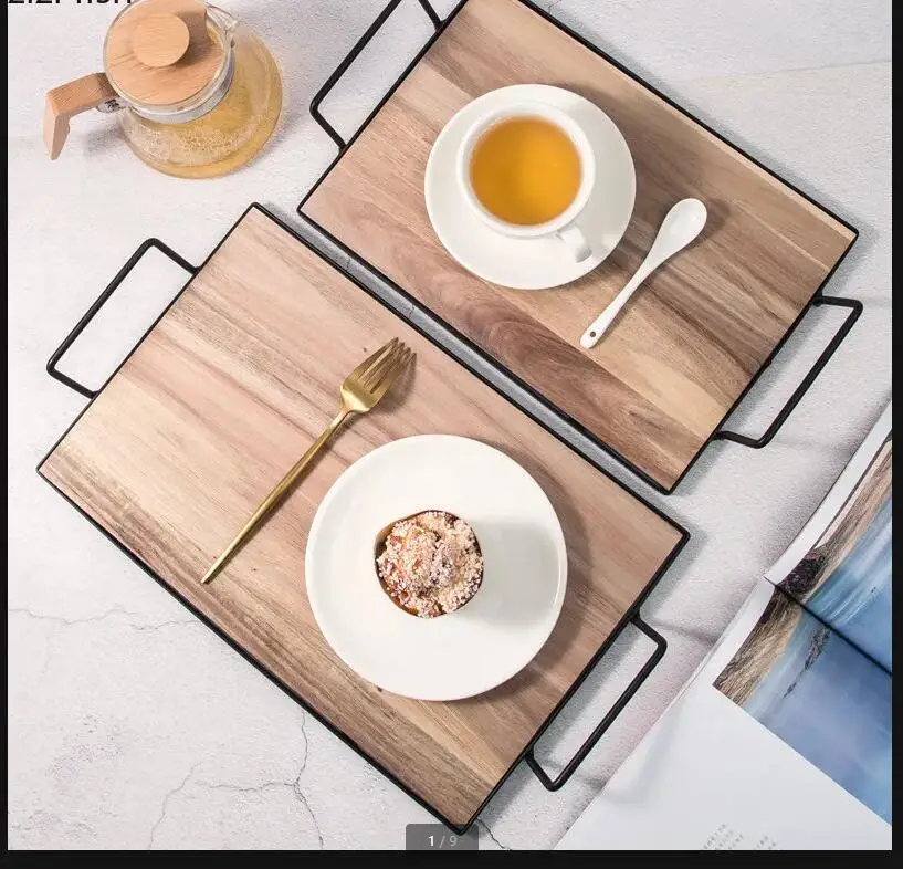 

Solid Wood Rectangular Tray Iron Handle Wooden Pallets Home Storage Serving Plate Dessert Plates Sushi Dim Sum