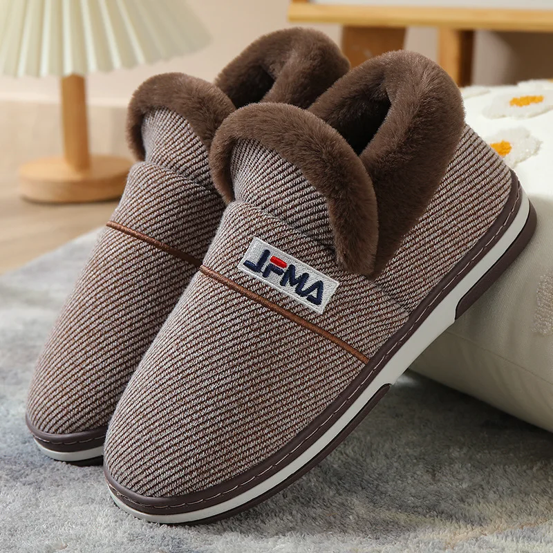 Winter Home Men Slippers Stripe Warm Shoes Furry Indoor Slippers Plus Size Male House Slippers Wrapped Heel Platform Sole 46/47