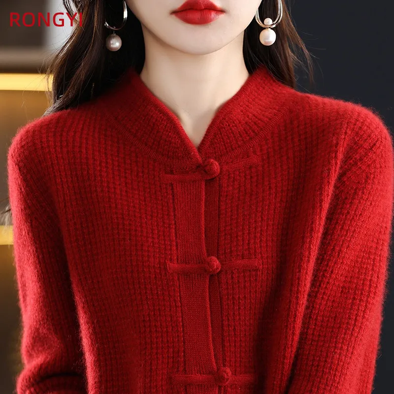 RONGYI 100% Merino Wool Women\'s Buckle Chinese Style Cashmere Cardigan Autumn Winter Warm Solid Color Jacket Top