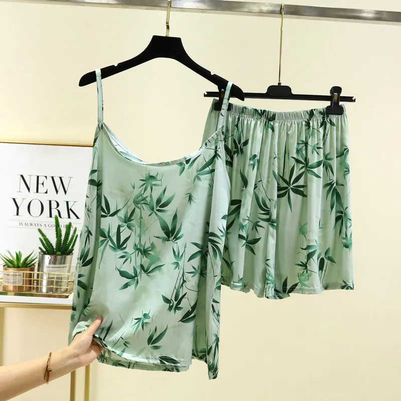 SummerNew Arrival Cotton Silk Floral Print Camisole and Shorts Pajama Set - Lightweight Loose-Fitting Casual Two-Piece Sleepwear