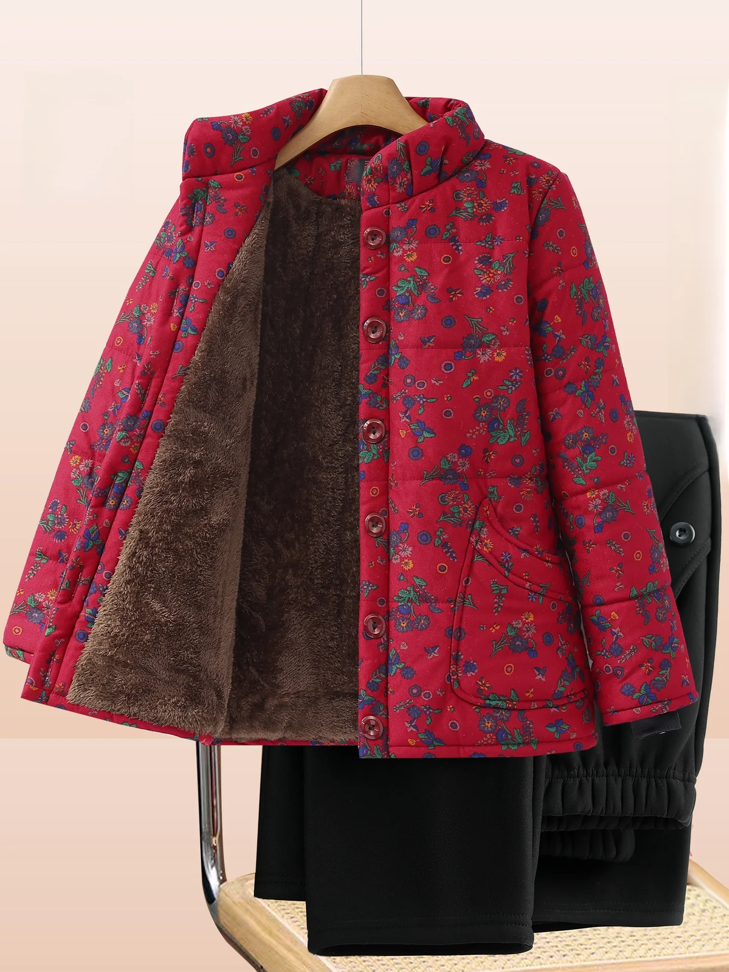 

Thiened Fluffy Cotton Jaet for ly Women Winter Warm Outerwear Mom's Sle Faionable Loose Fit Printed Long Pants