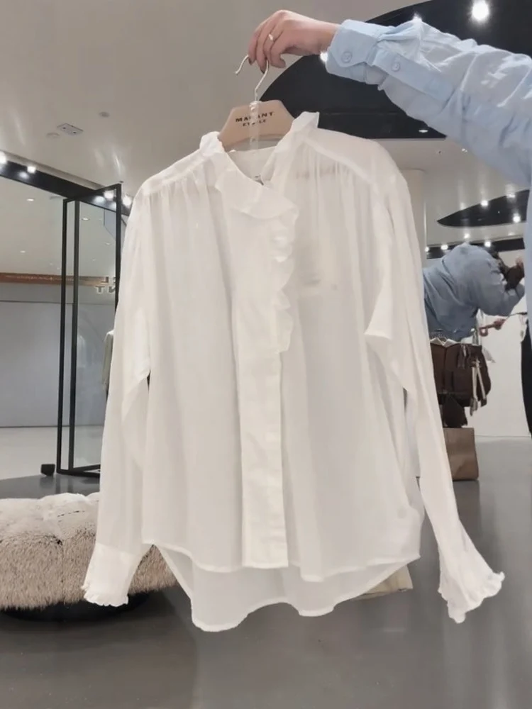 

Sweet Wooden White Shirt Women's Spring 2026 New Loose Slimming Commute Personality Blouse Top French Style Long Sleeve