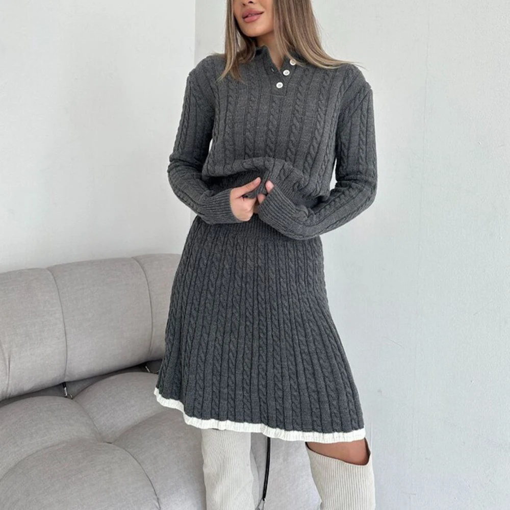 TWOTWINSTYLE Solid Knitted Two Piece Set For Women Lapel Long Sleeve Spliced Buttons Sweater High Waist Skirt Elegant Set Female