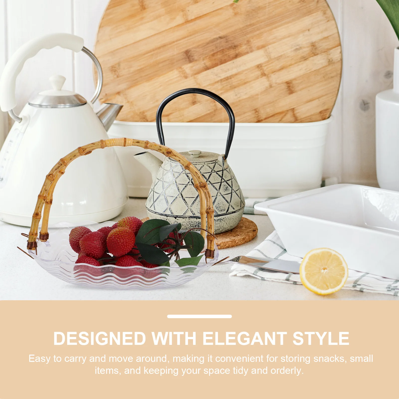 

Decorative Large Capacity Fruit Basket Handle Easy Clean Multiuse Snack Serving Dish Kitchen Counter Desktop Decor
