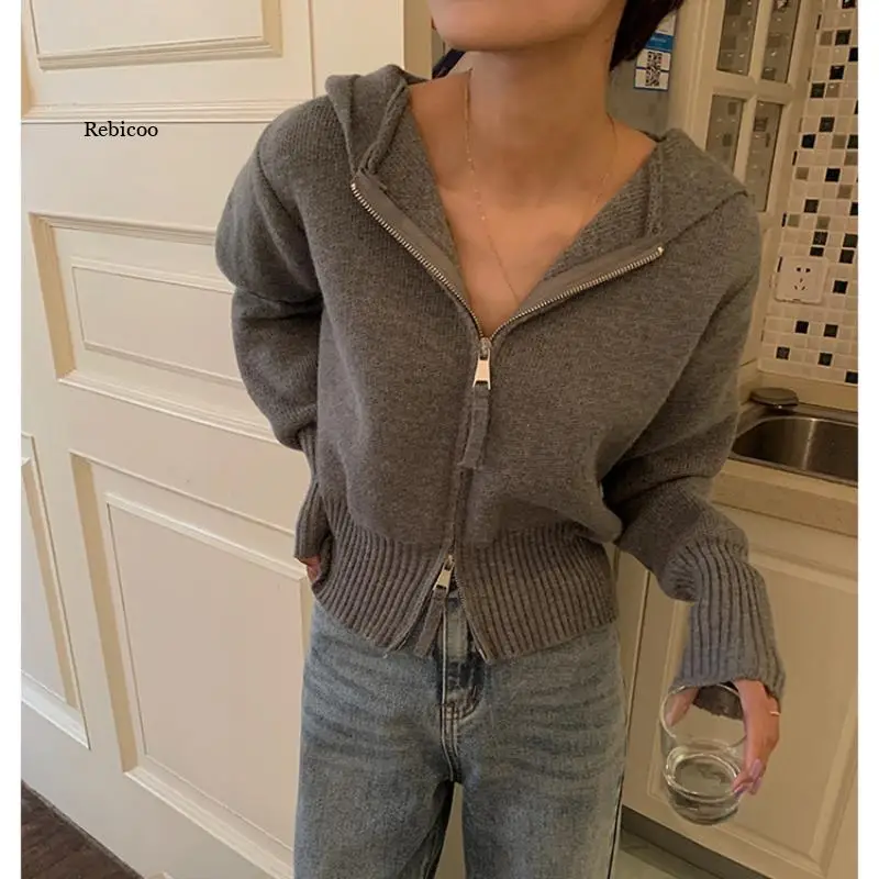 Hooded Double Zipper Sweater Women 2021 Autumn Solid Long Sleeve Short Sweaters Coat Korean Temperament Fashion Clothes