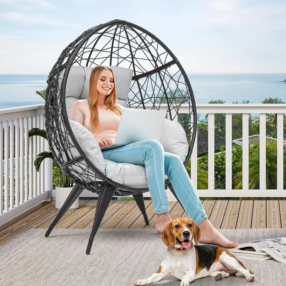 Large Wicker Egg Chair With Stand Or Indoor And Outdoor, Cu…