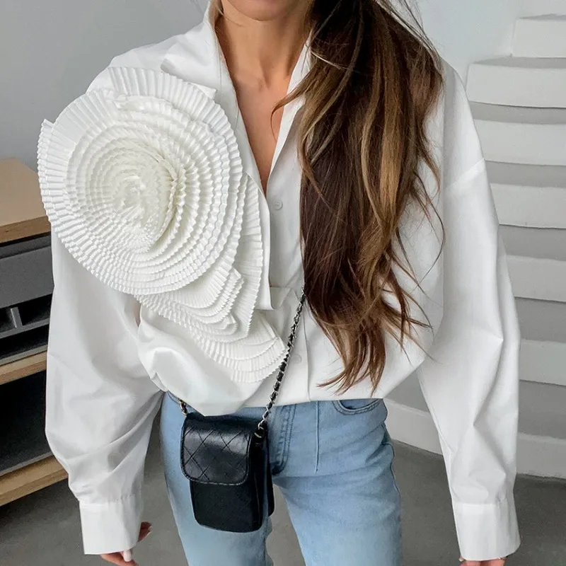 Women's Summer Clothes French Lapel 3D Flower Decor for Elegant Shirt 2024 Temperament Commuting INS Women Loose Fashion Blouses