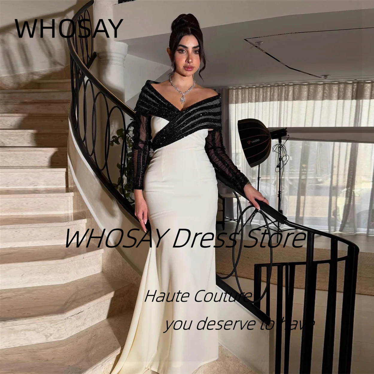 WHOSAY Black Chain Drill Long Sleeves Prom Dresses Off Shoulder Evening Dress Contrast Color Special Party Gowns Customized