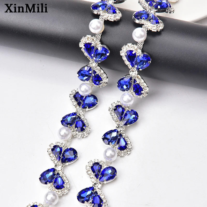 1 Yard Sapphire Leaf Rhinestone Trim Flower Crystal Metal Chain Sew on Women Dress Clothing Shoes Ornament Accessories