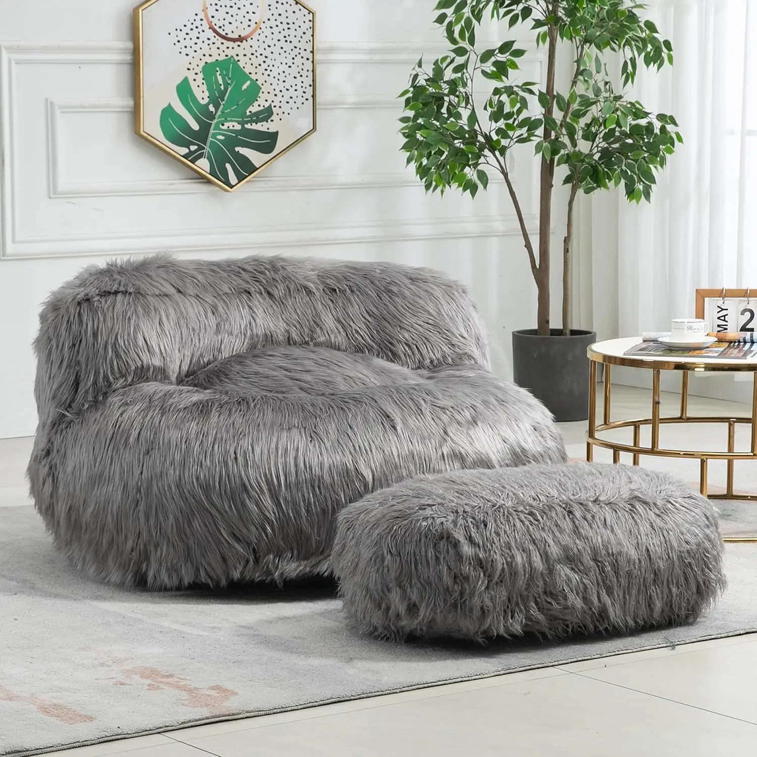 Fluffy Bean Bag Chair With Ottoman, Lazy Plush Sofa Bean Bag Chairs For Adults, Modern Cozy Giant Bean Bag Chair With Memory